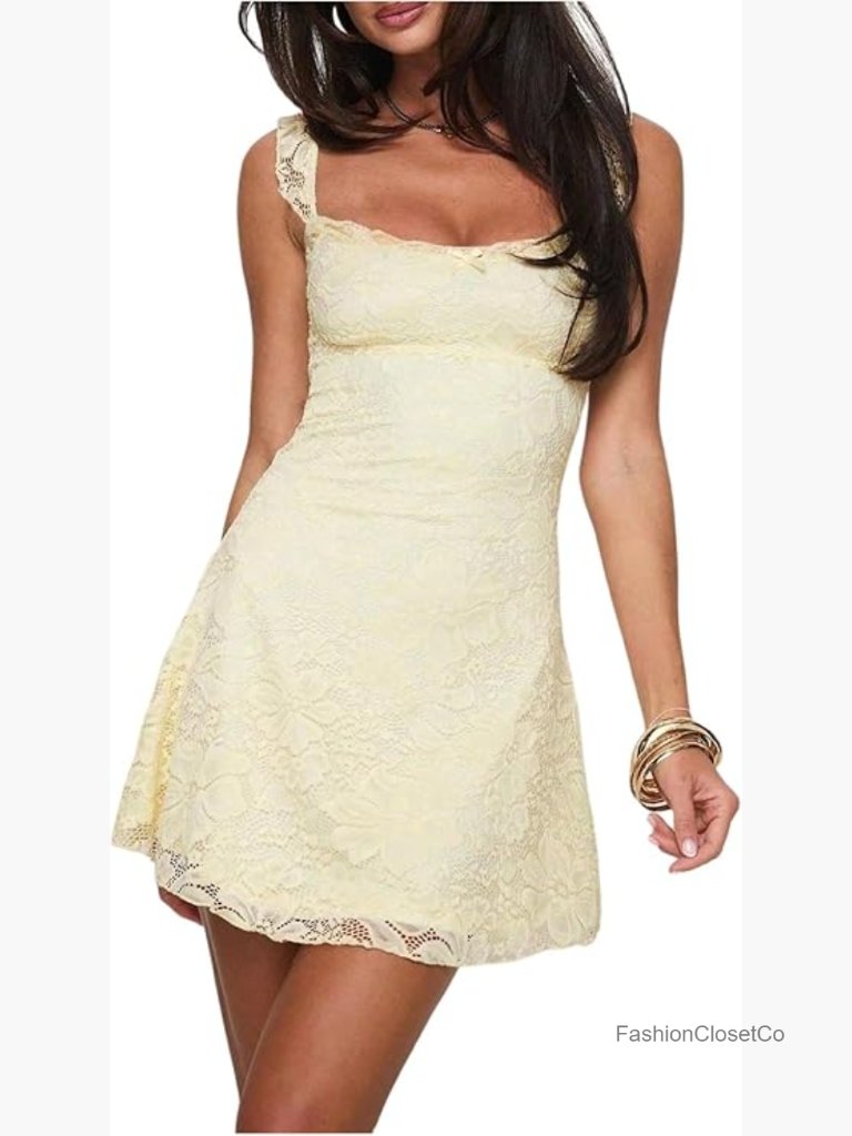 Floral Lace Sleeveless Square Neck A-Line Mini Dress With Bowknot